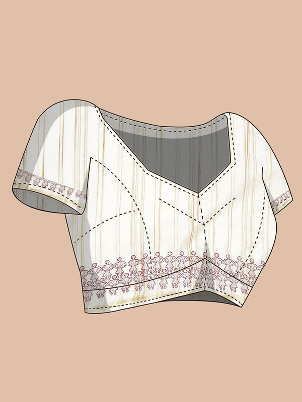 Off White Color Jute Cotton Saree With Maroon Warli Design Over body