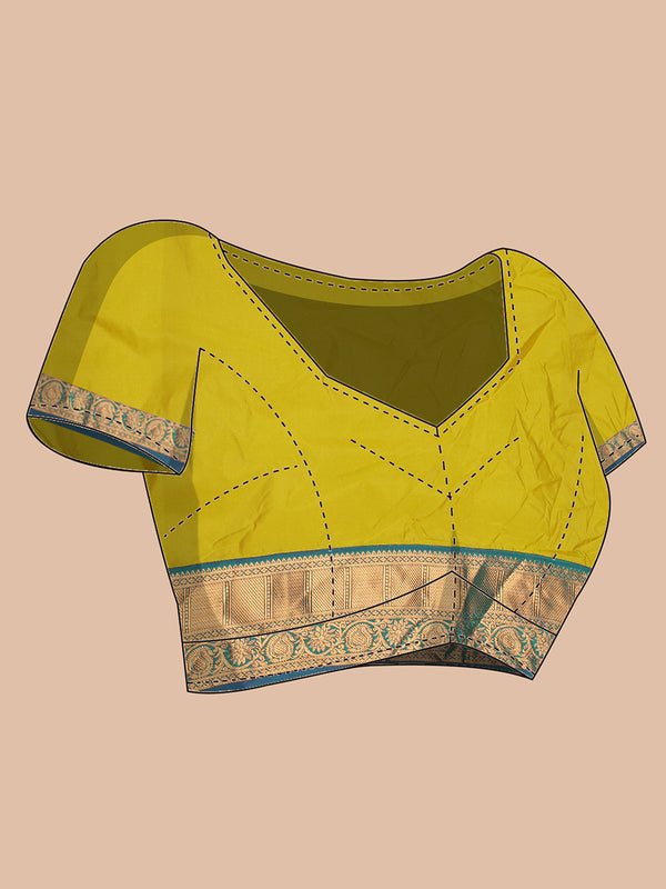 Yellow And Green Double Shaded Art Silk Saree With Copper Buttas Over Body