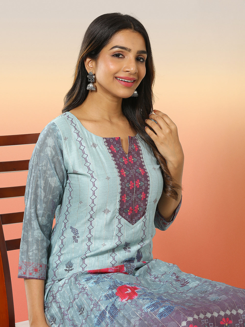 Blue Color Abstract Printed Cotton Silk Kurti Top