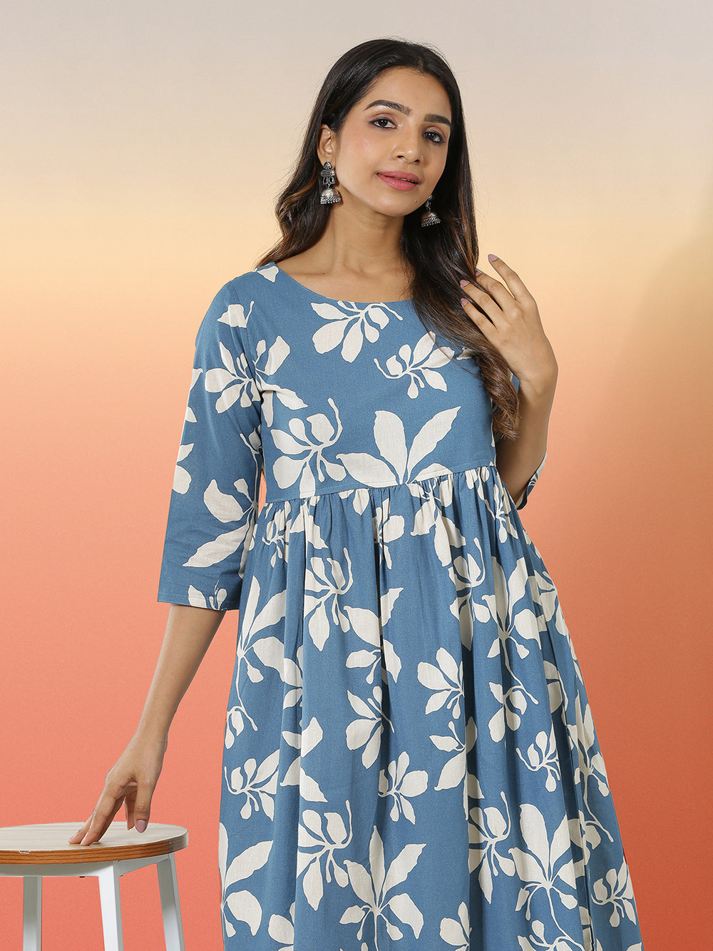 Blue Color Batik Leaf Printed Cotton Fabric Flared Kurti Top