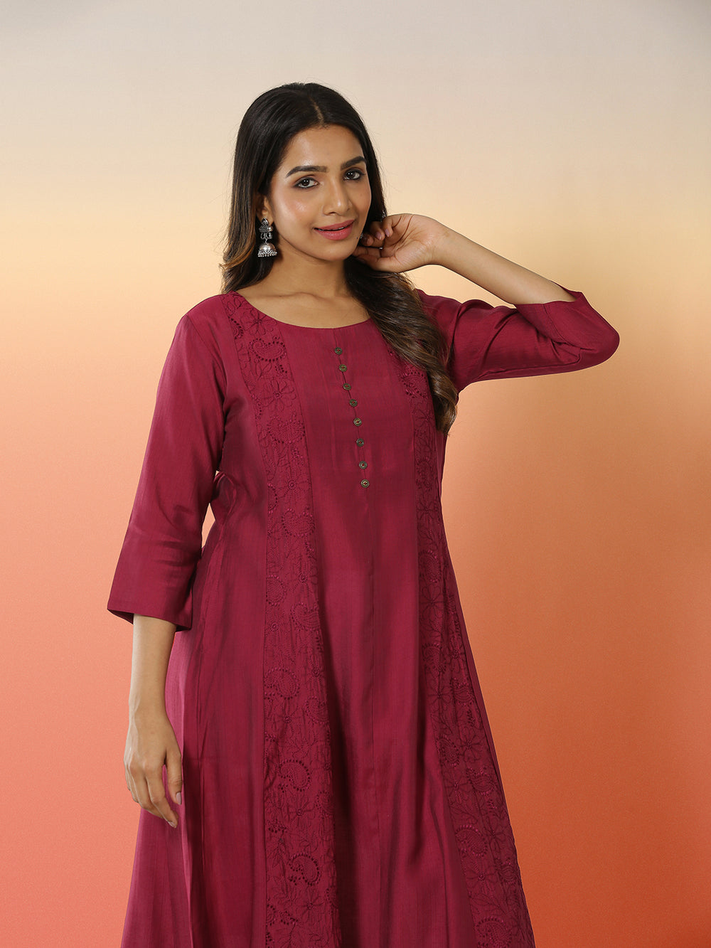 Wine Pink Color Patch Worked Embroidery Designed Cotton Blended Kurti Top