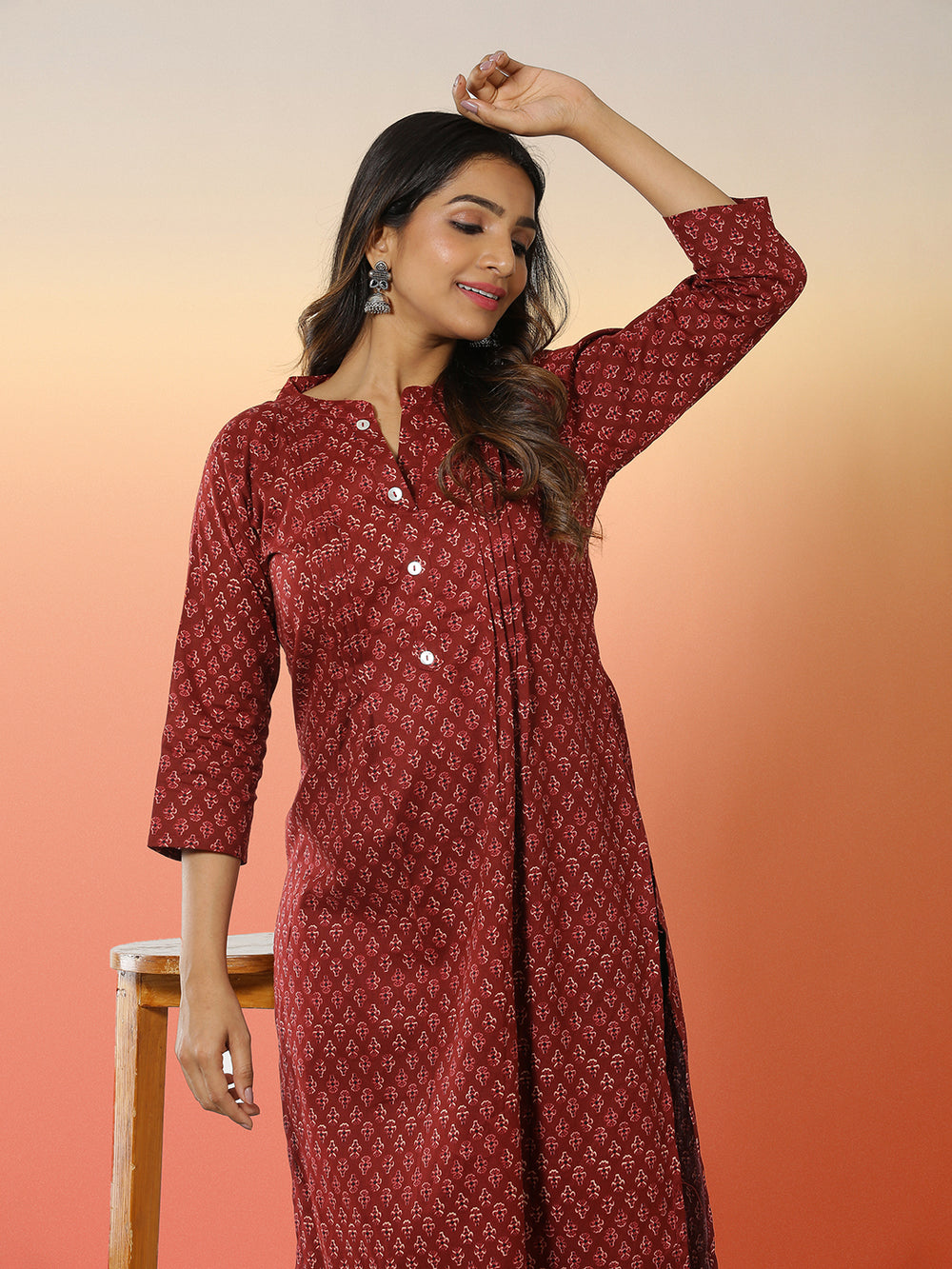 Maroon Color Cotton Blended Khari Printed Kurti Top