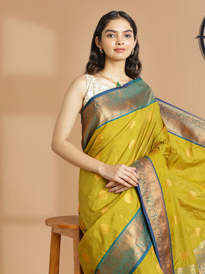 Yellow And Green Double Shaded Art Silk Saree With Copper Buttas Over Body