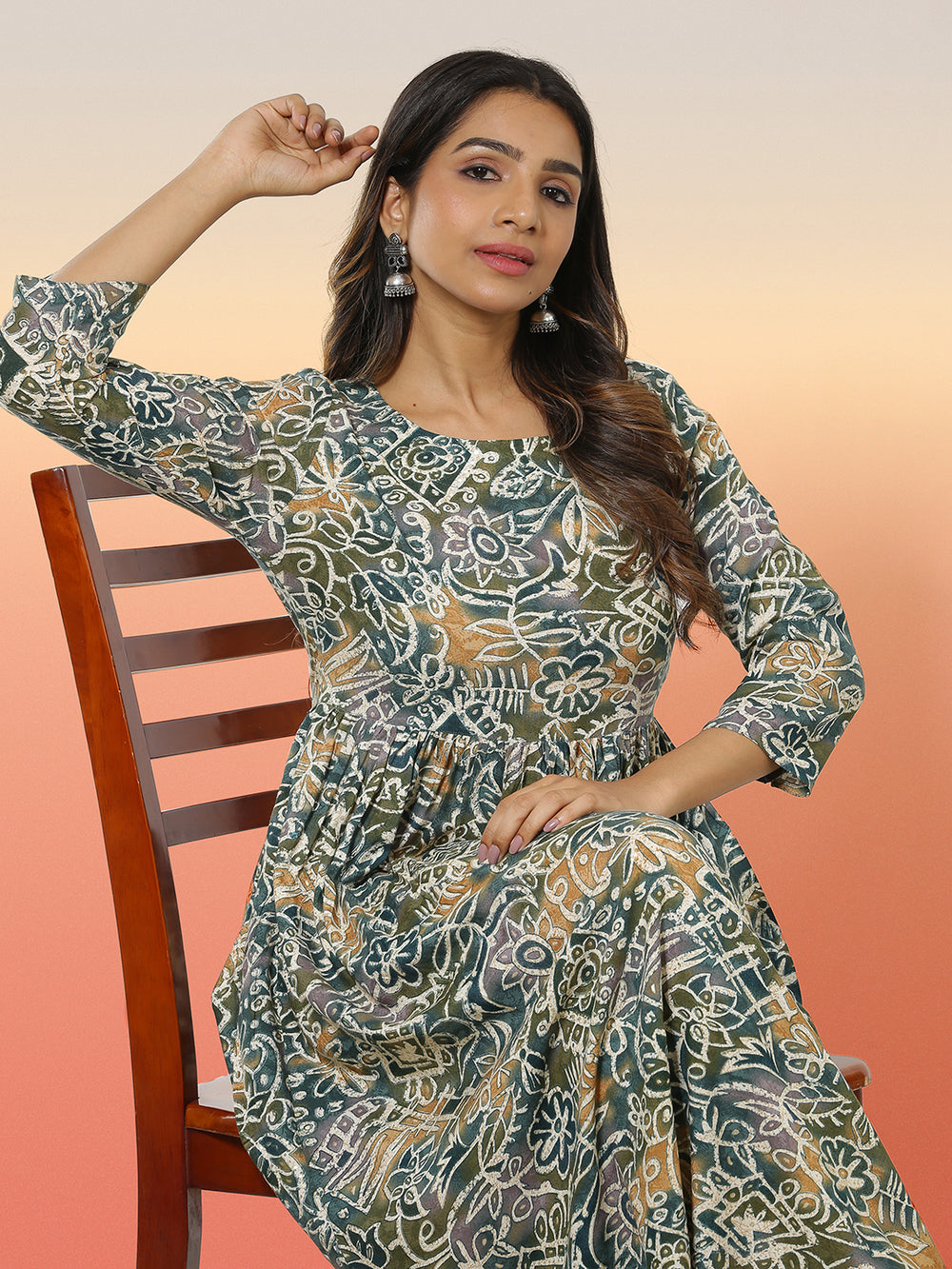 Green With Multi Color Batik Designed Flare Pleated Kurti Top