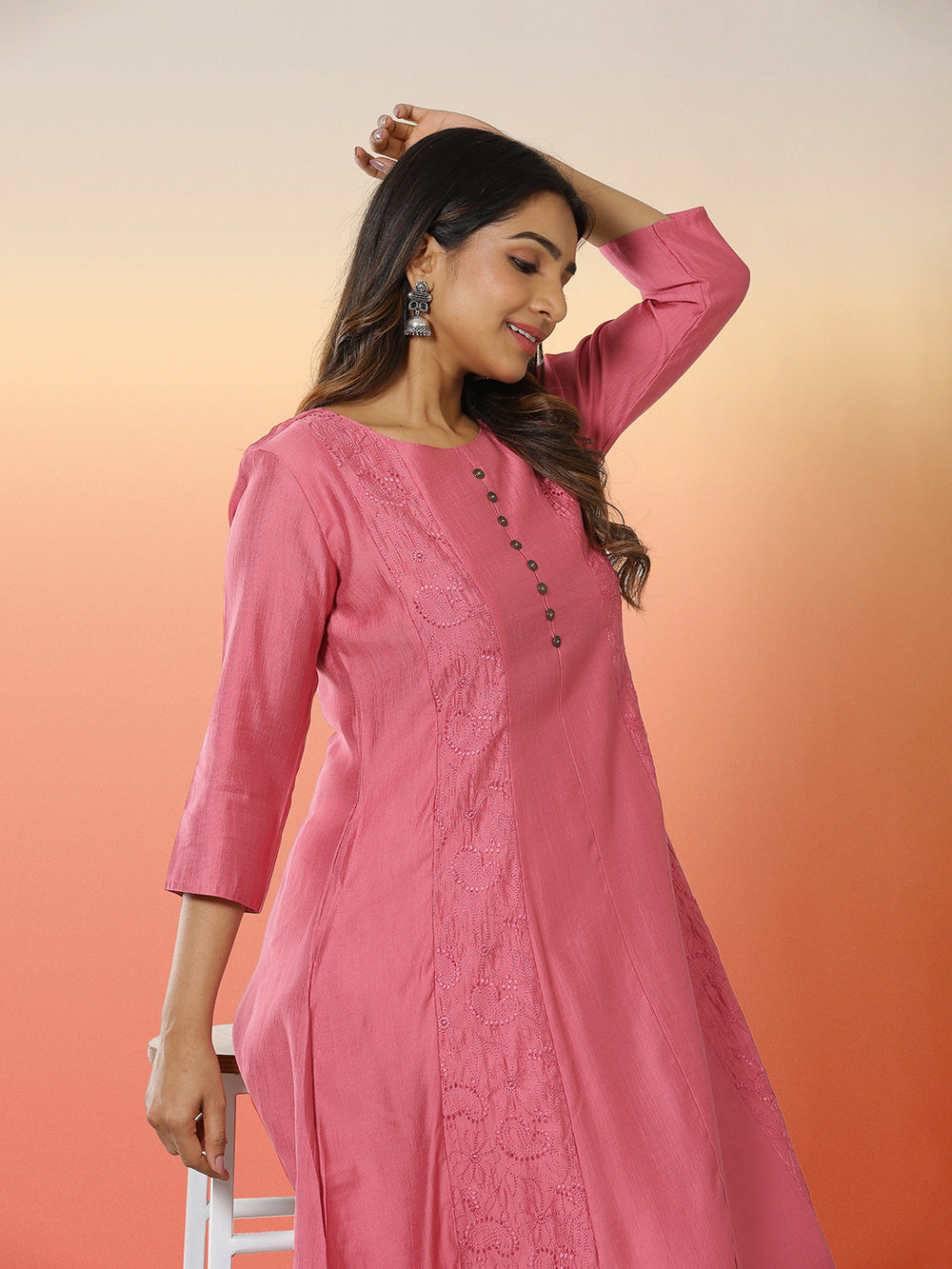 Pink Color Silk Blended Embroidery Designed Anarkali Top