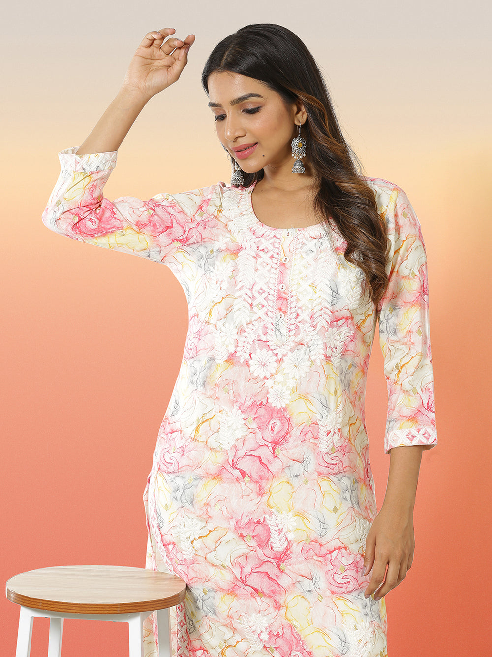 Pink & Yellow Color Digital Printed Cotton Blended Kurti Top
