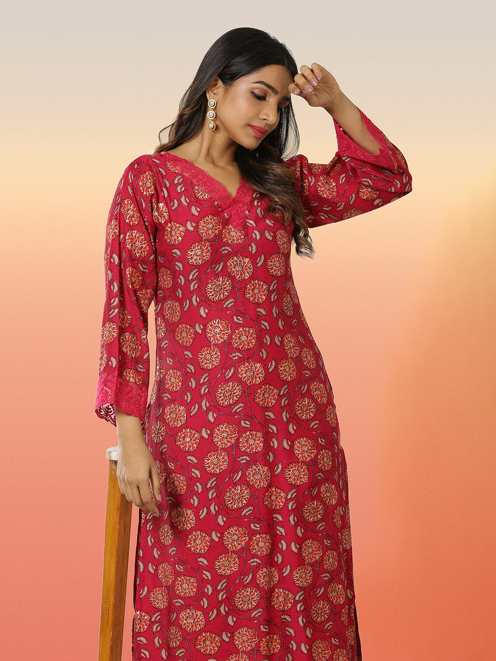 Rani Pink Color Floral Printed Kurti Top
