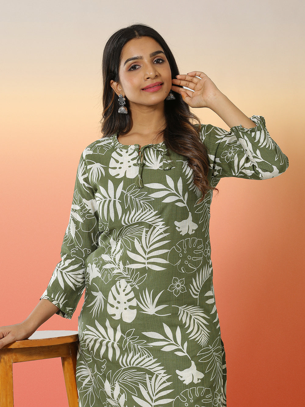 Fern Green Color Botanical Printed Kurti Top