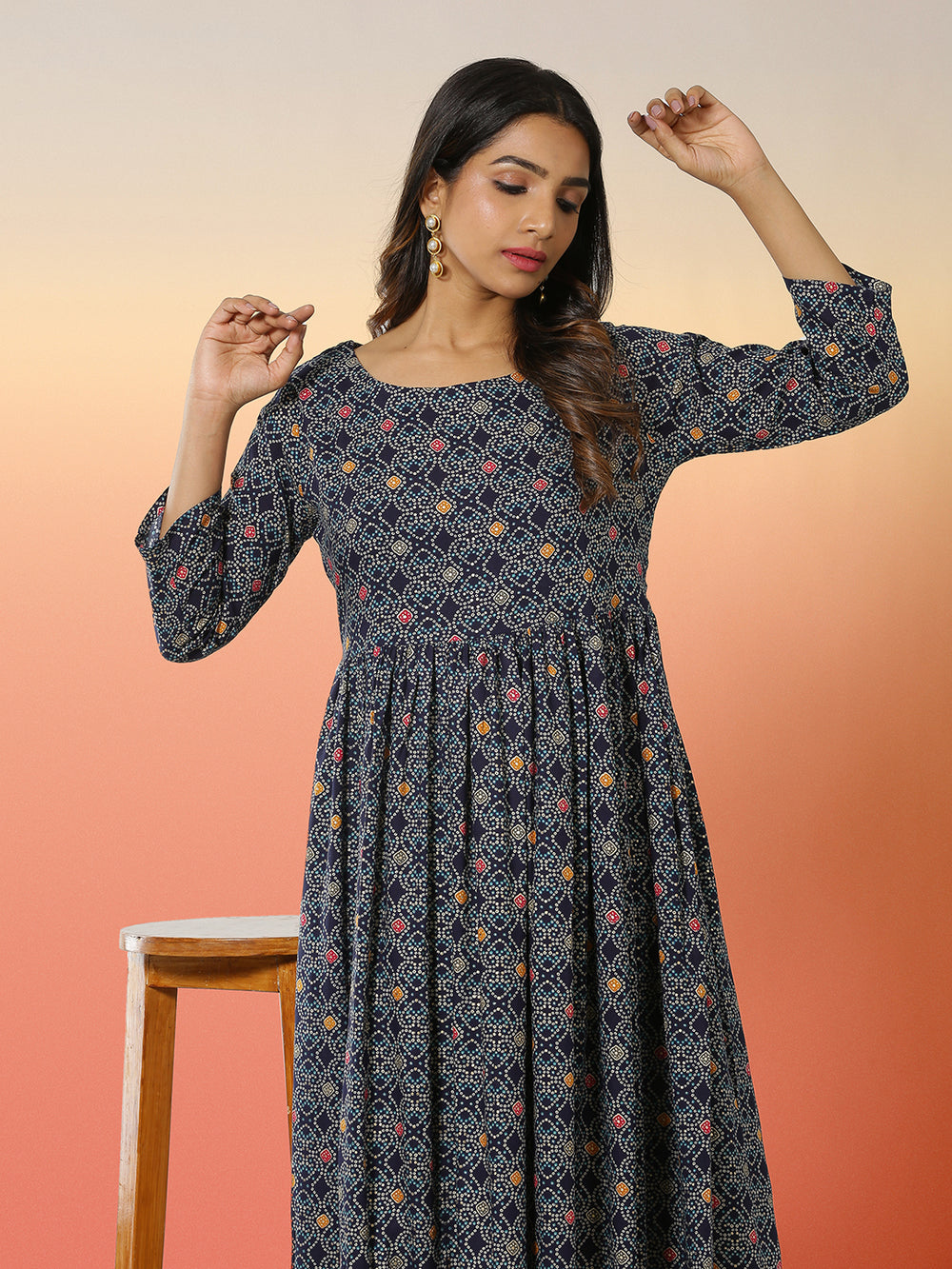 Navy Blue Color Small Bandhani Designed Flare Pleated Kurti Top