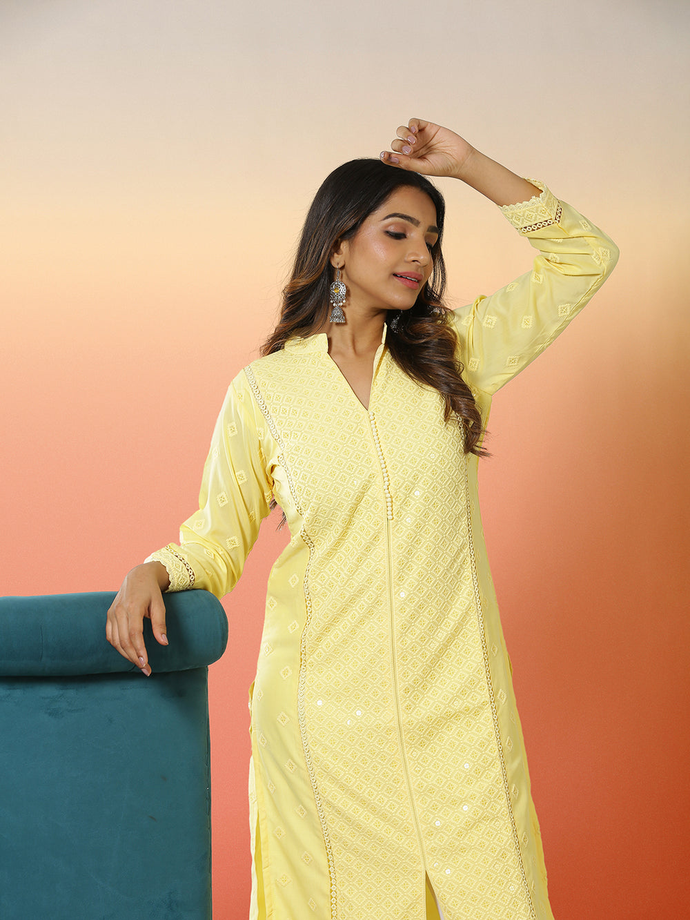 Yellow Color Embroidery Designed Cotton Kurti Top