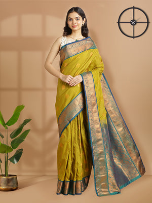 Yellow And Green Double Shaded Art Silk Saree With Copper Buttas Over Body