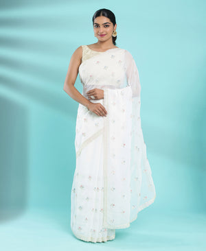 Kalyan Silks Georgette Ethnic Wear Off White Saree