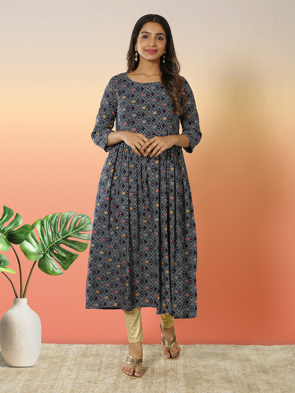Navy Blue Color Small Bandhani Designed Flare Pleated Kurti Top
