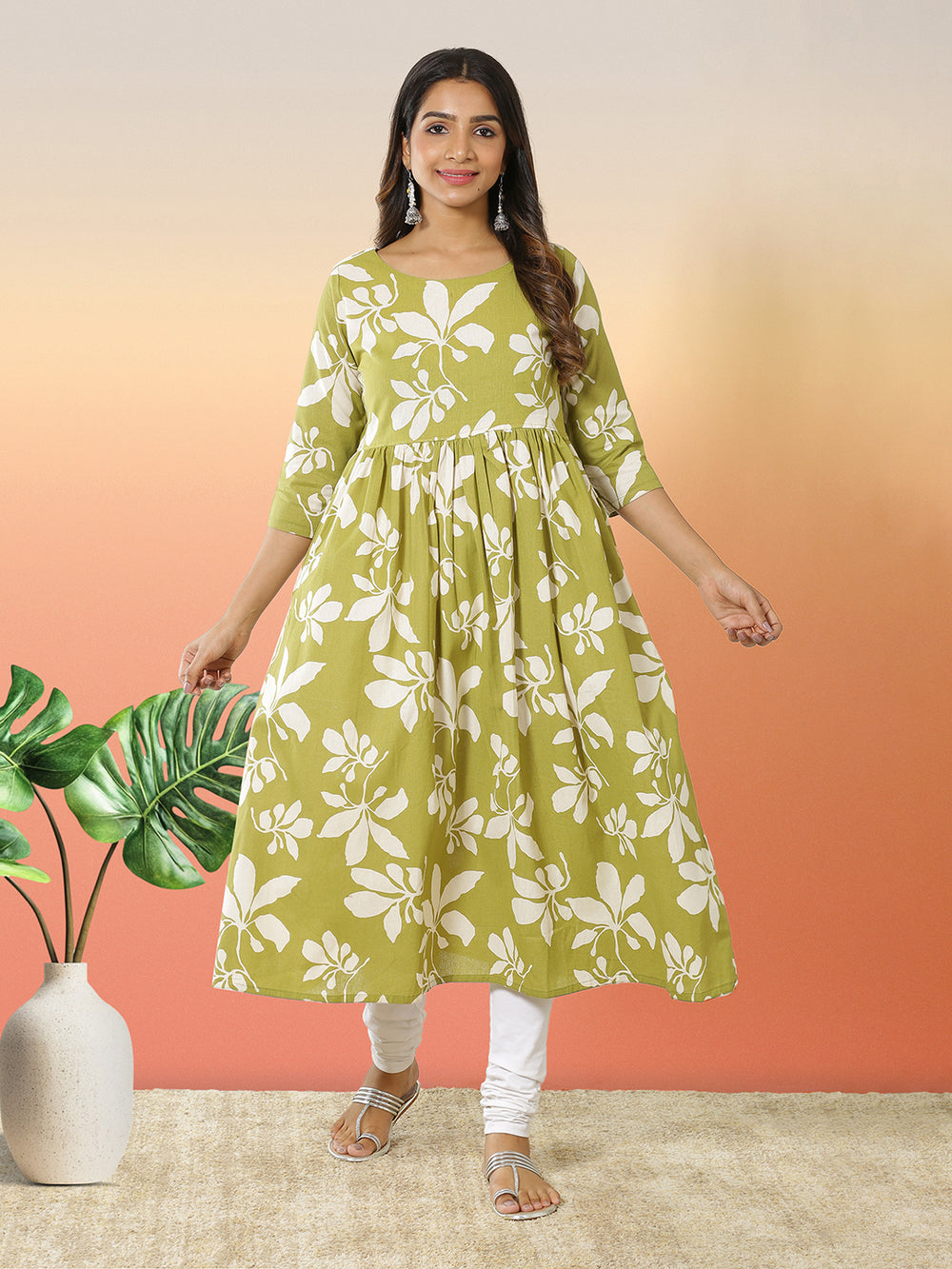 Light Olive Green Color Abstract Printed Flare Pleated Top