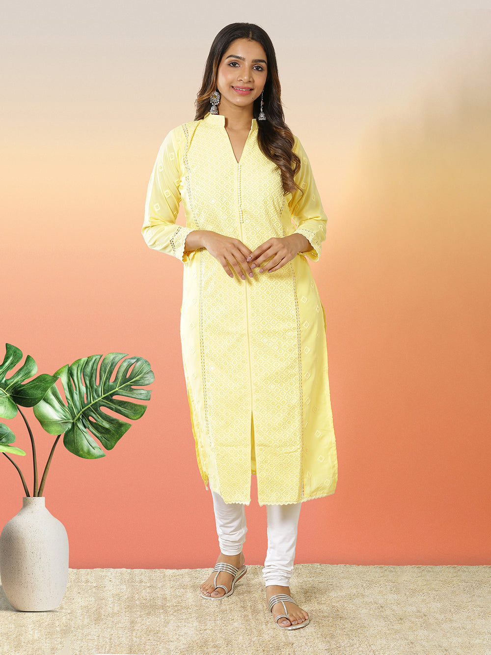 Yellow Color Embroidery Designed Cotton Kurti Top