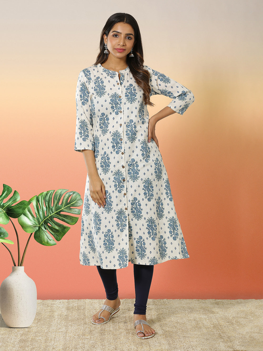 Cream Color Cotton Fabric Navy Blue Khari Printed Top