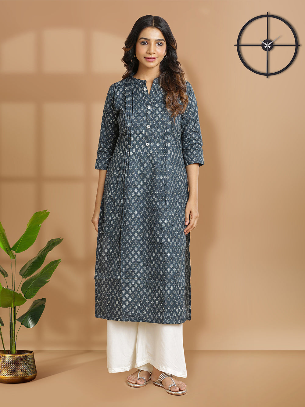 Charcol Green Color Cotton Blended Khari Printed Kurti Top