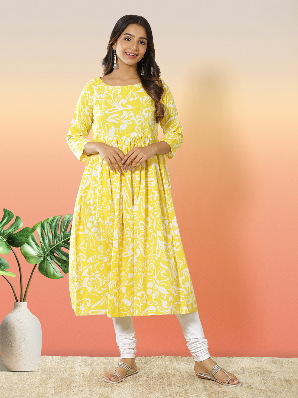 Yellow Color Batik Floral Printed Cotton Fabric Flared Kurti Top