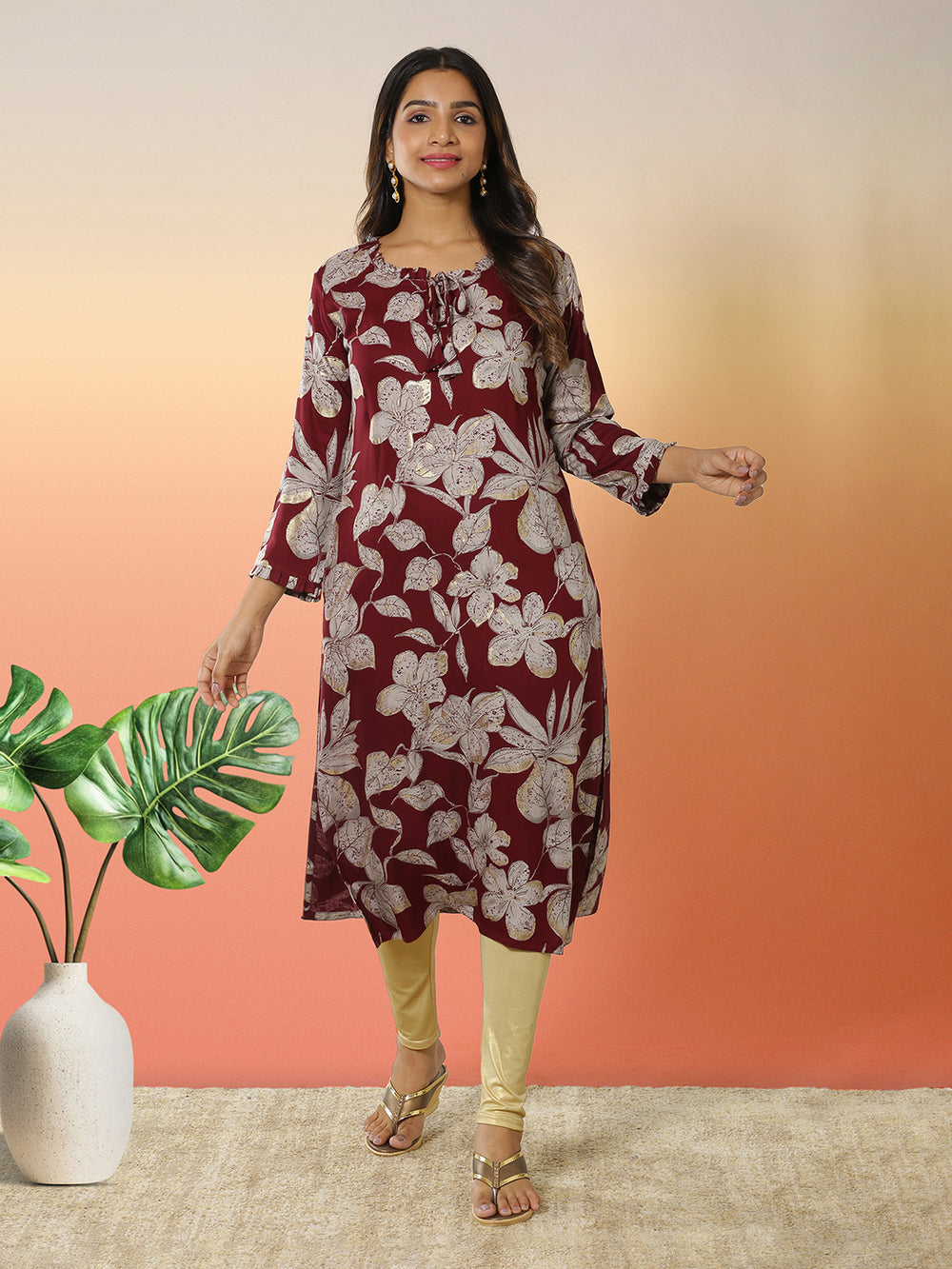 Maroon Color Rayon Fabric Floral Printed Kurti Top