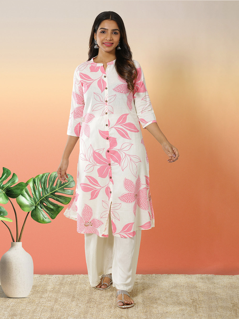 Off White And Pink Color Floral Printed A Line Kurti Top