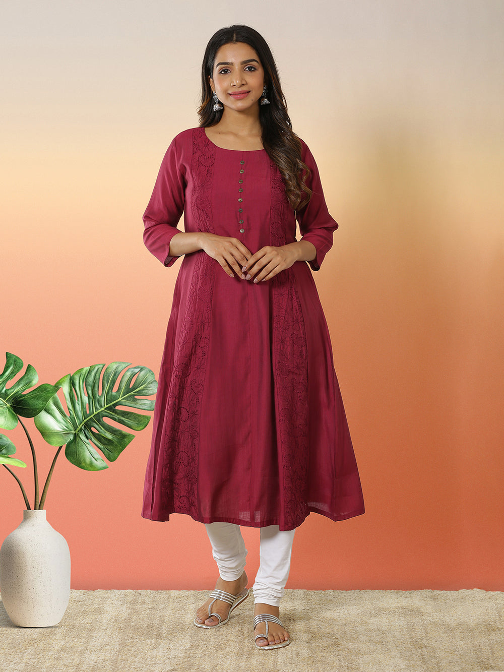 Wine Pink Color Patch Worked Embroidery Designed Cotton Blended Kurti Top