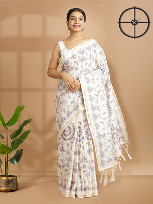Off White Color Jute Cotton Saree With Maroon Warli Design Over body