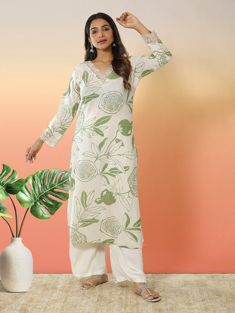 Off White Color Botanical Printed Kurti Top