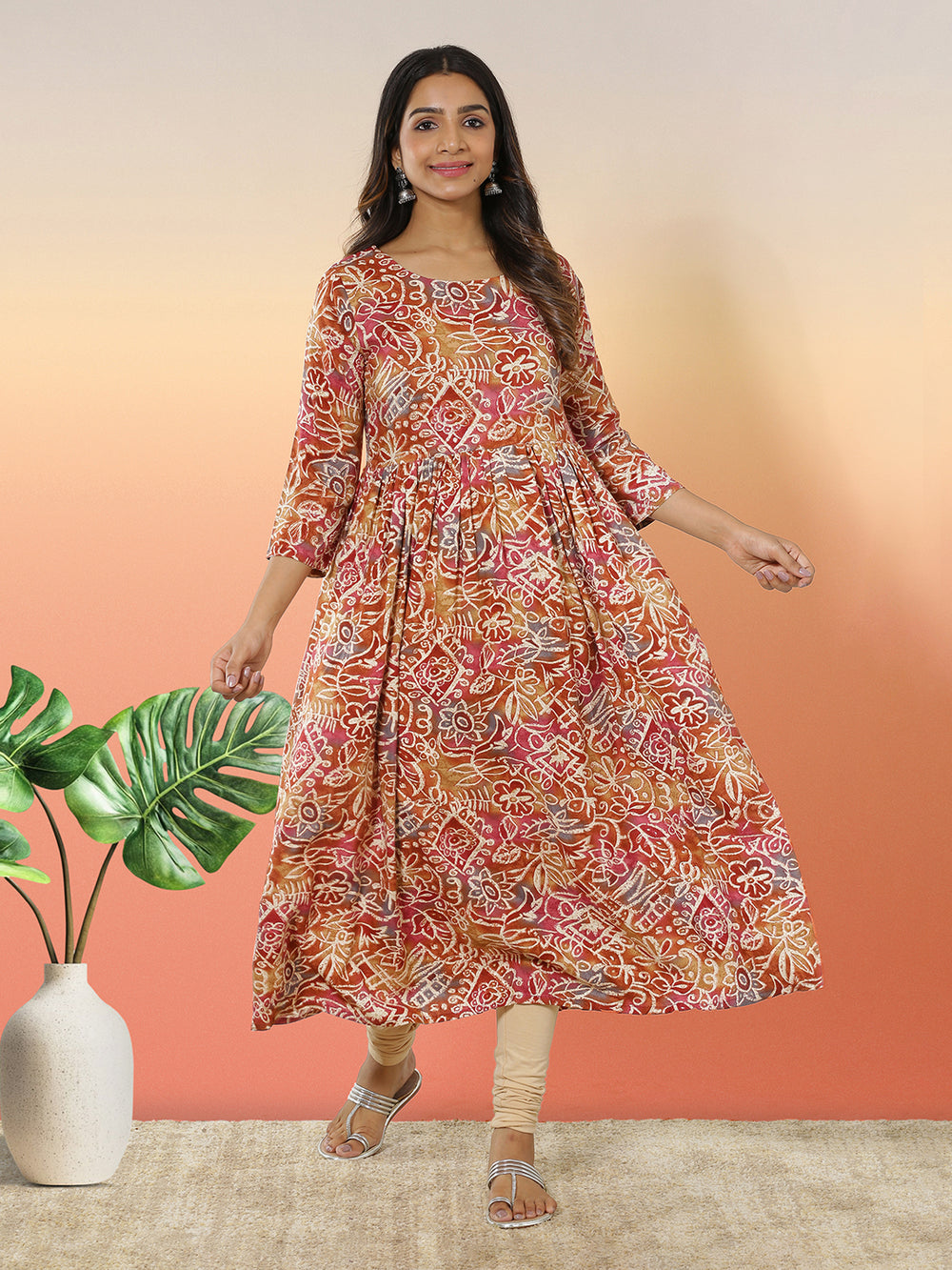 Multi Color Rayon Fabric Batik Floral Printed Kurti Top