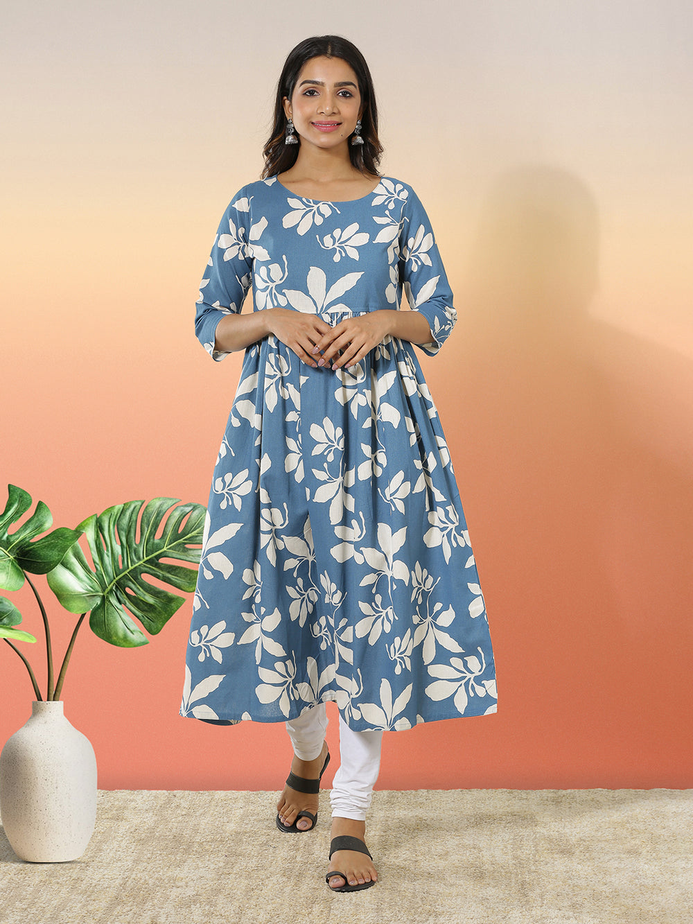Blue Color Batik Leaf Printed Cotton Fabric Flared Kurti Top