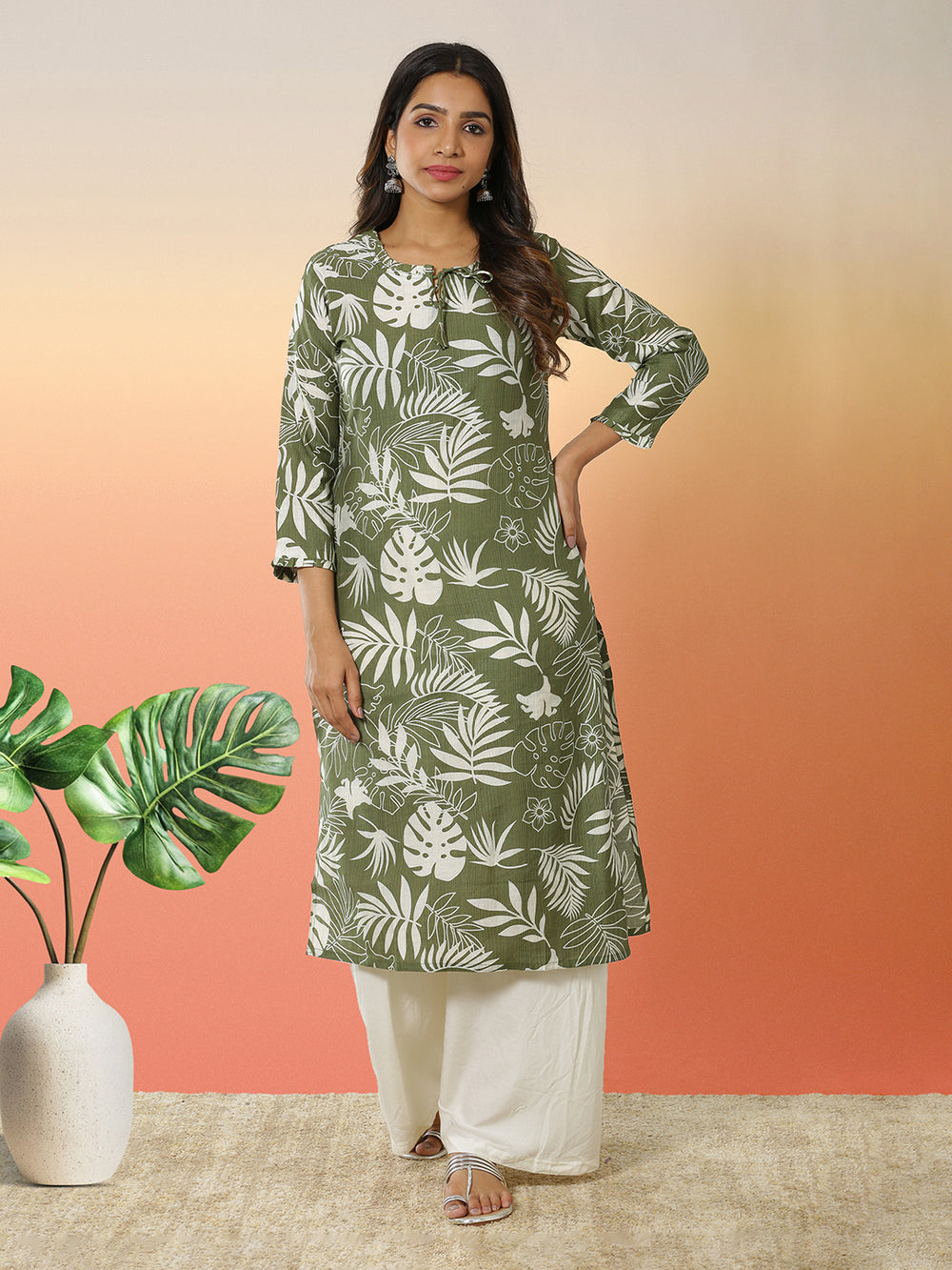 Fern Green Color Botanical Printed Kurti Top