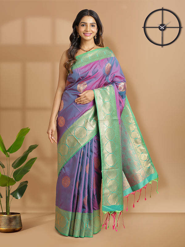 Purple Copper Designed Art Silk Saree With Green Border
