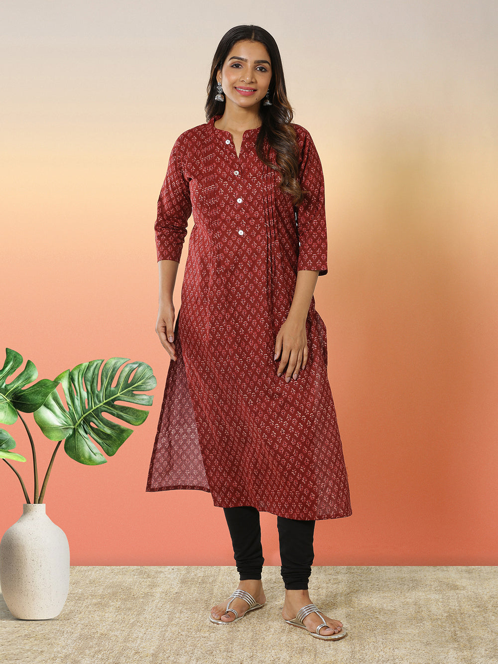 Maroon Color Cotton Blended Khari Printed Kurti Top