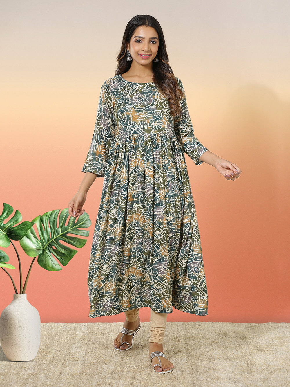 Green With Multi Color Batik Designed Flare Pleated Kurti Top