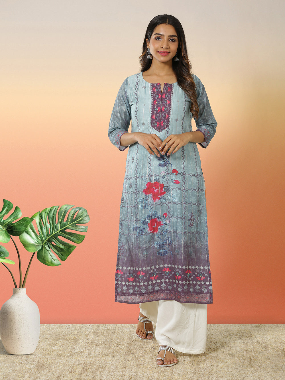 Blue Color Abstract Printed Cotton Silk Kurti Top