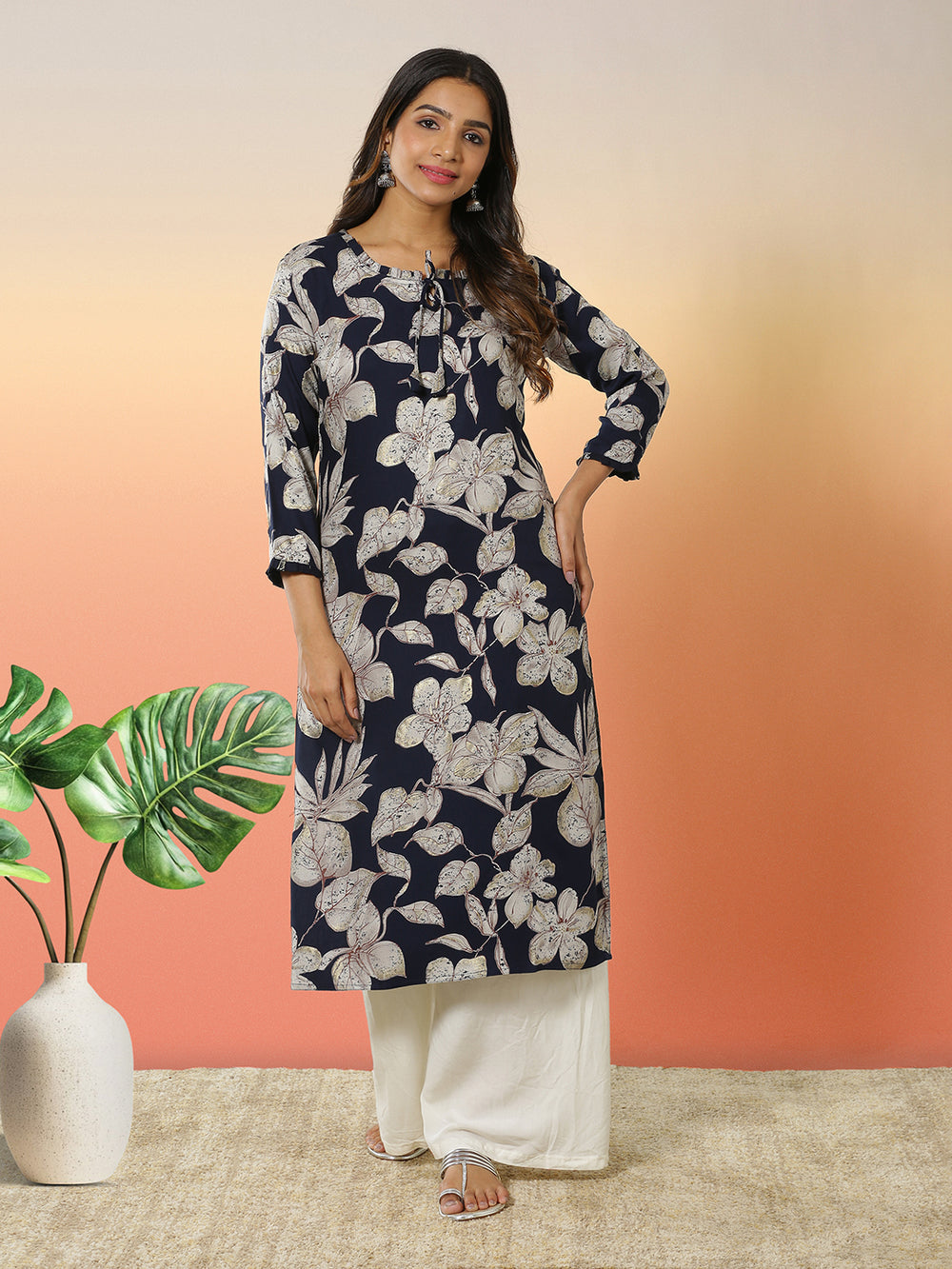 Navy Blue Color Floral Printed Kurti Top