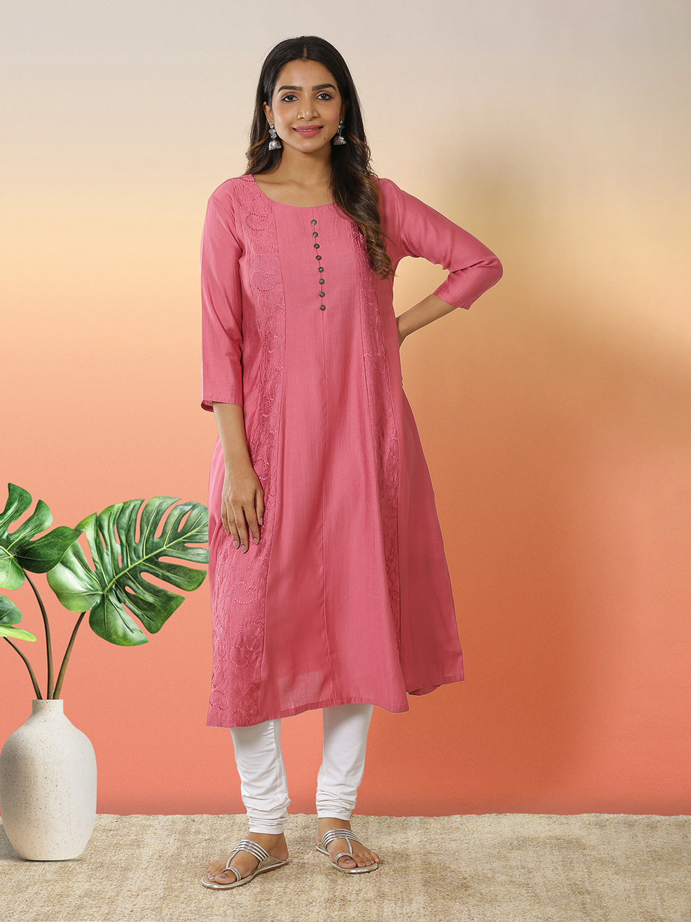Pink Color Silk Blended Embroidery Designed Anarkali Top