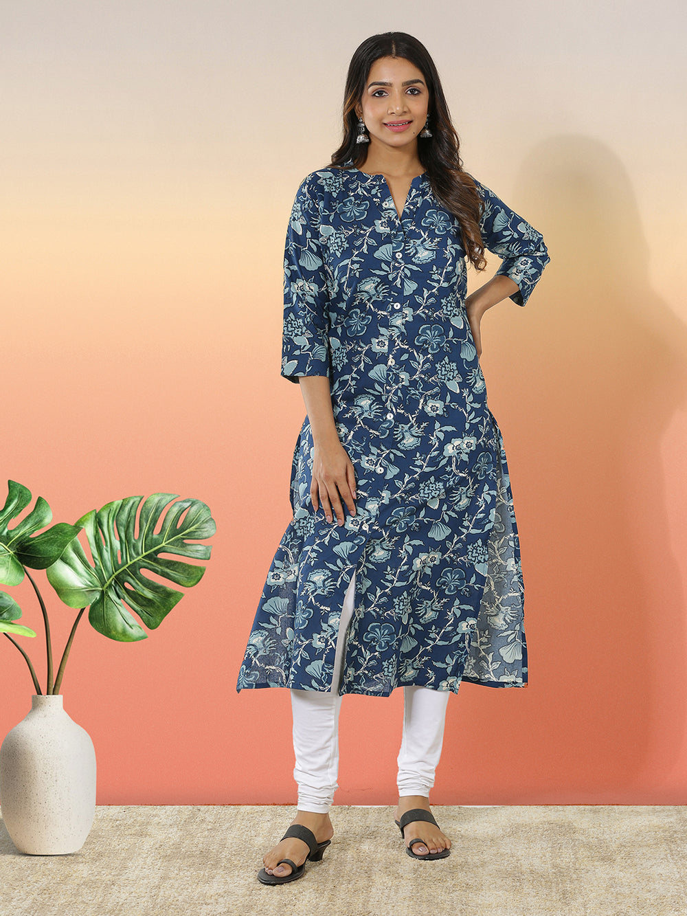 Dark Blue Color Cotton Blended Floral Block Printed Kurti Top