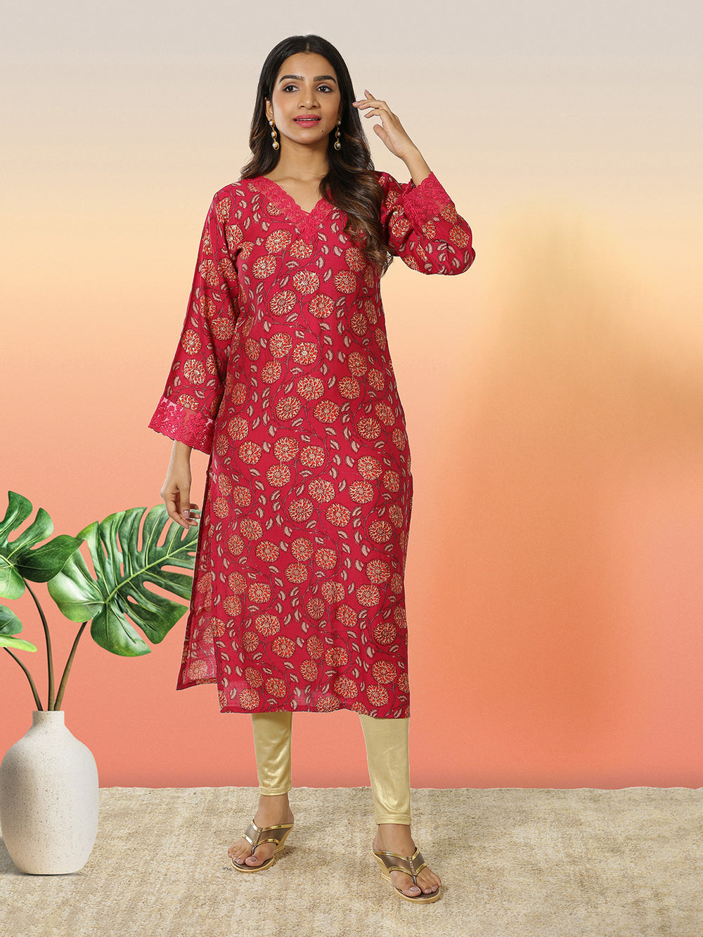 Rani Pink Color Floral Printed Kurti Top
