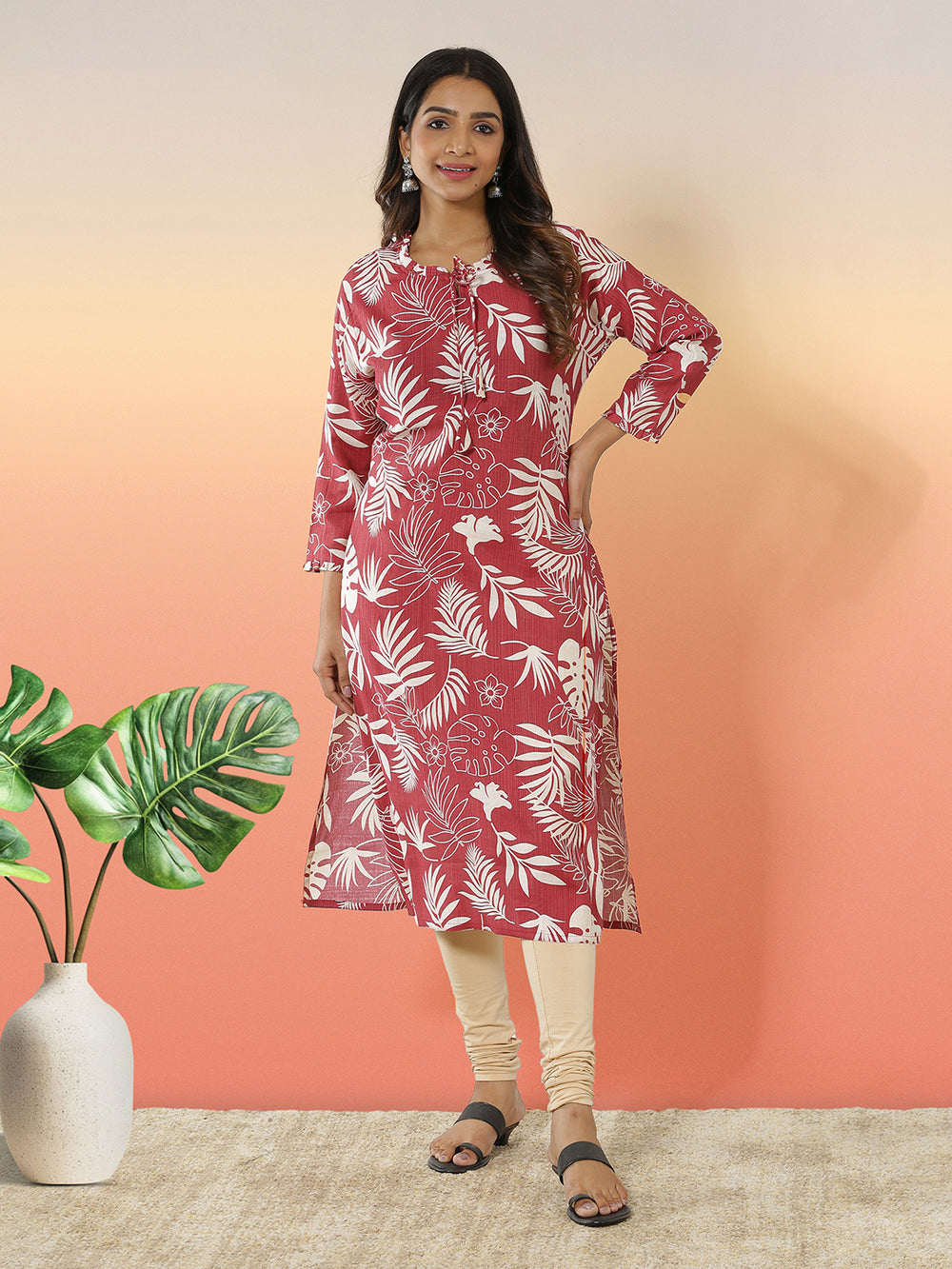 Maroon Color Floral Printed Rayon Fabric Kurti Top