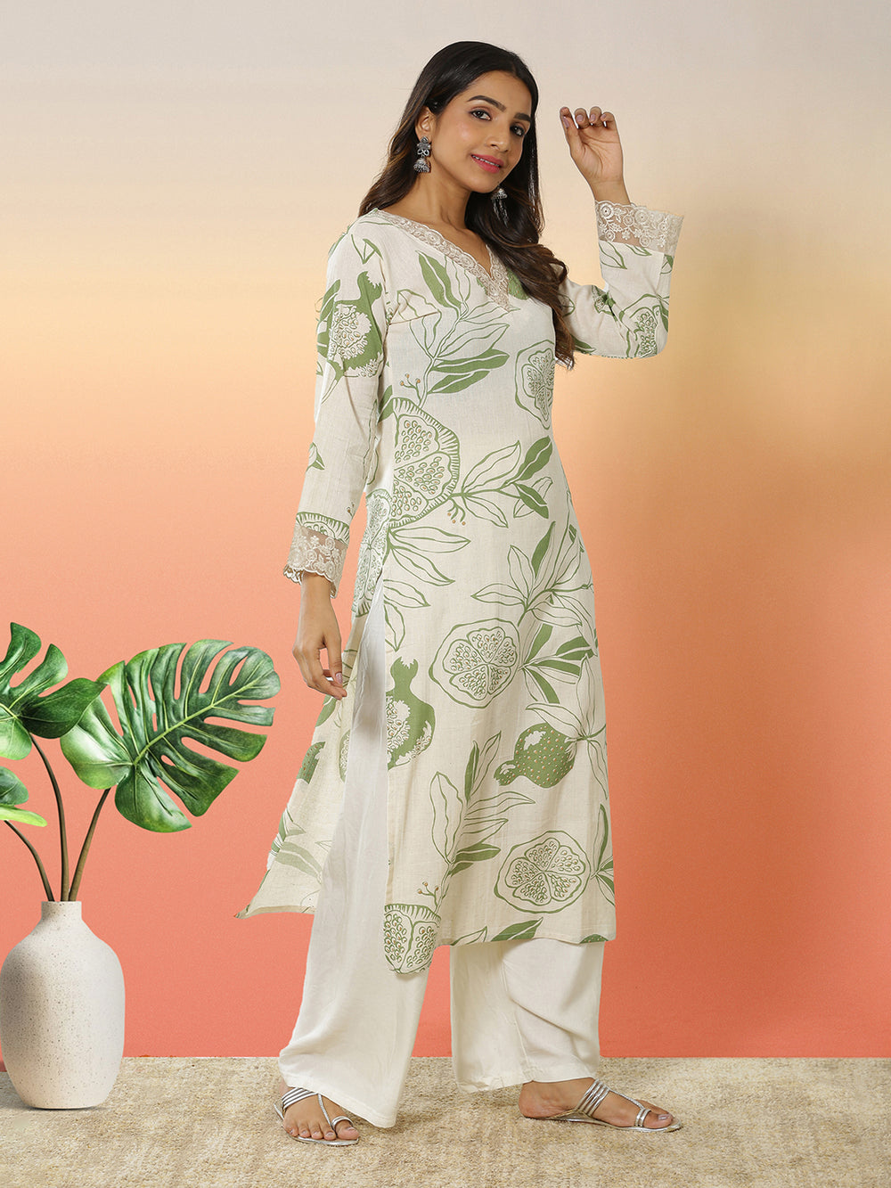 Off White Color Botanical Printed Kurti Top