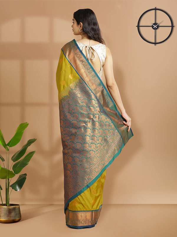 Yellow And Green Double Shaded Art Silk Saree With Copper Buttas Over Body