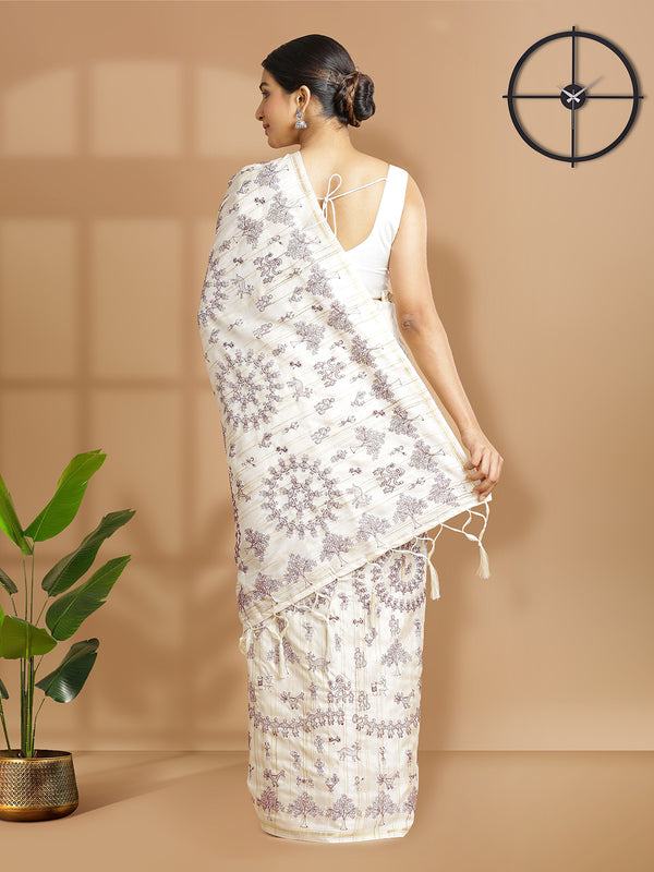 Off White Color Jute Cotton Saree With Maroon Warli Design Over body
