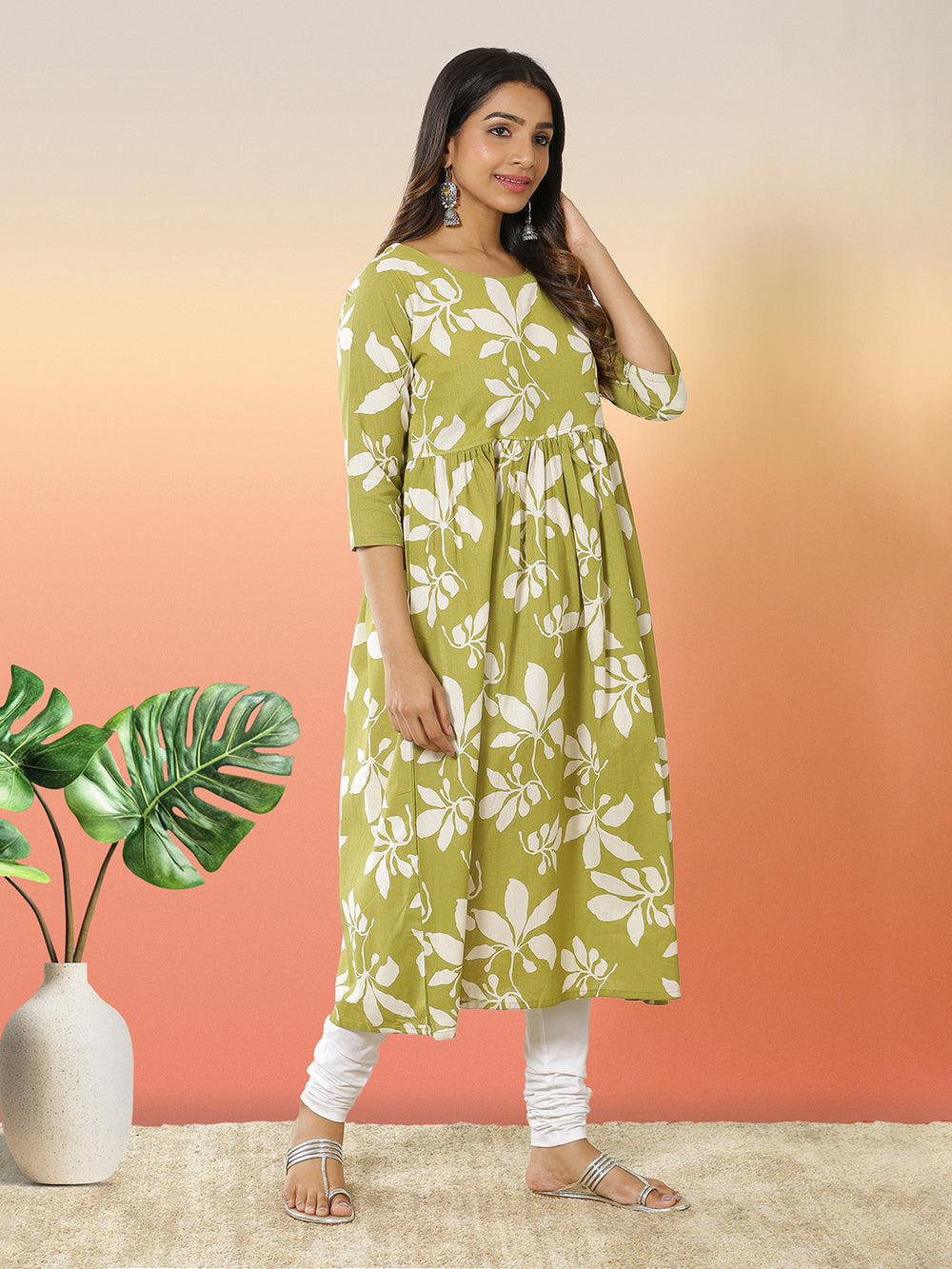 Light Olive Green Color Abstract Printed Flare Pleated Top