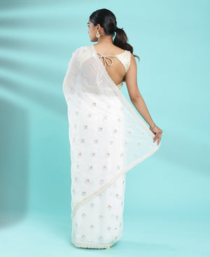 Kalyan Silks Georgette Ethnic Wear Off White Saree