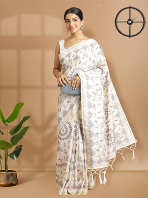 Off White Color Jute Cotton Saree With Maroon Warli Design Over body