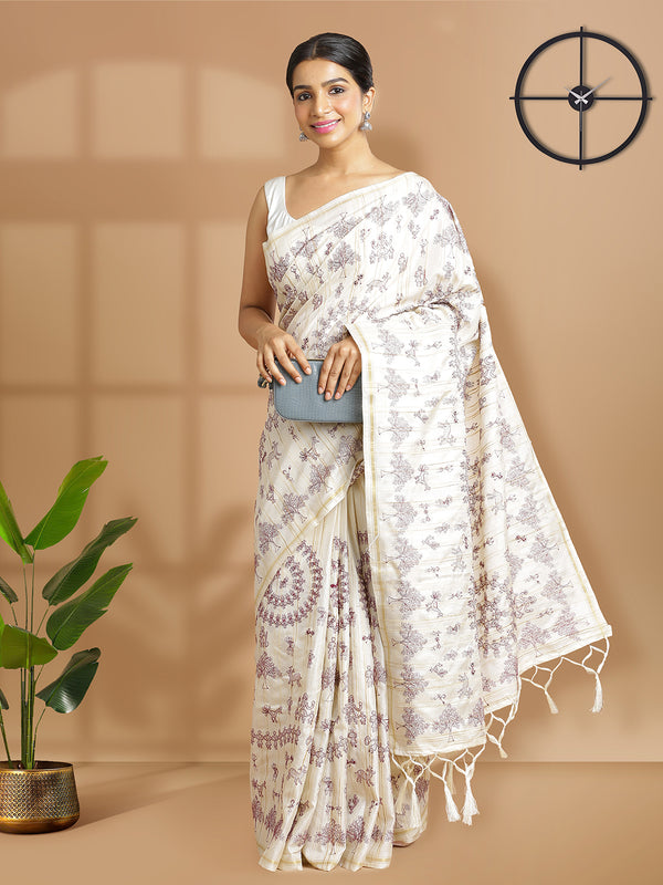Off White Color Jute Cotton Saree With Maroon Warli Design Over body