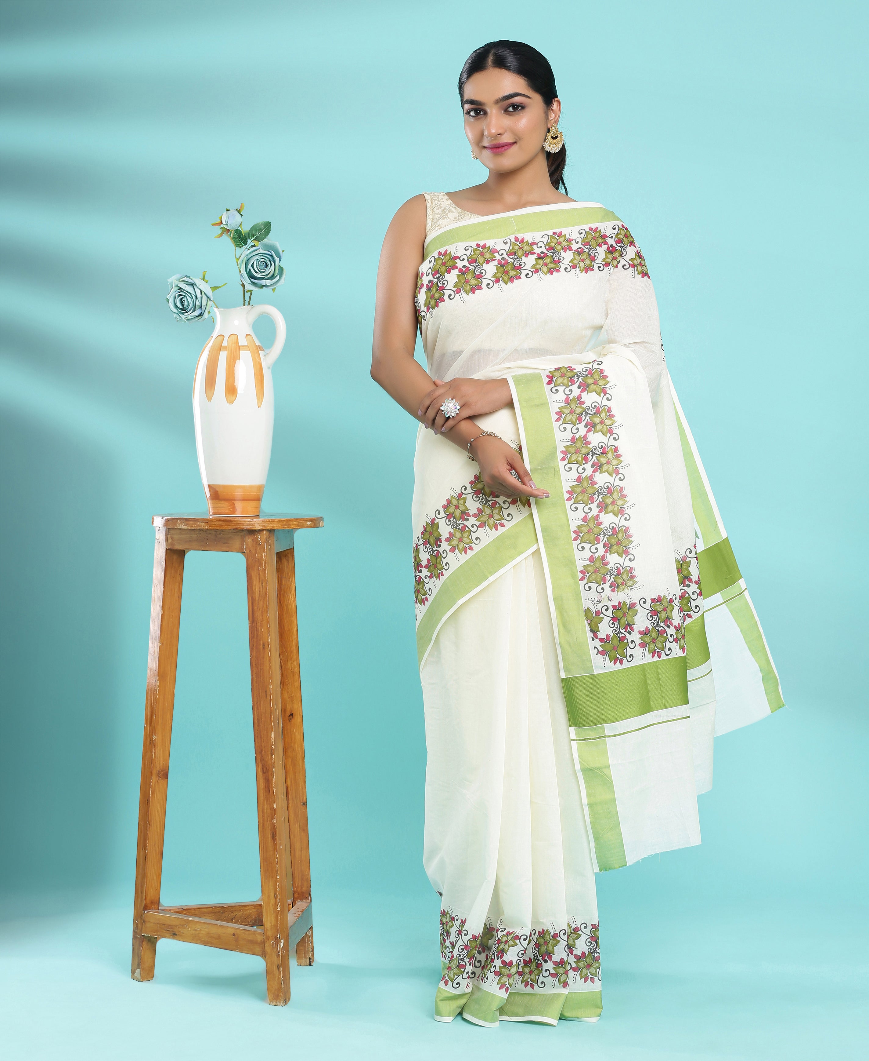 GREEN - NARAYANPETA COTTON  SAREE WITH TRADITIONAL BORDER 40 main image 1