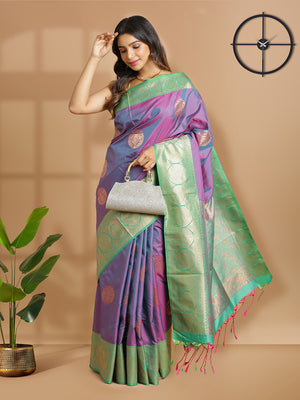Purple Copper Designed Art Silk Saree With Green Border