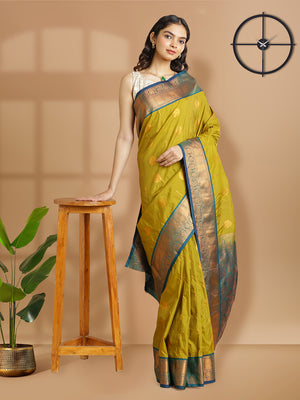 Yellow And Green Double Shaded Art Silk Saree With Copper Buttas Over Body