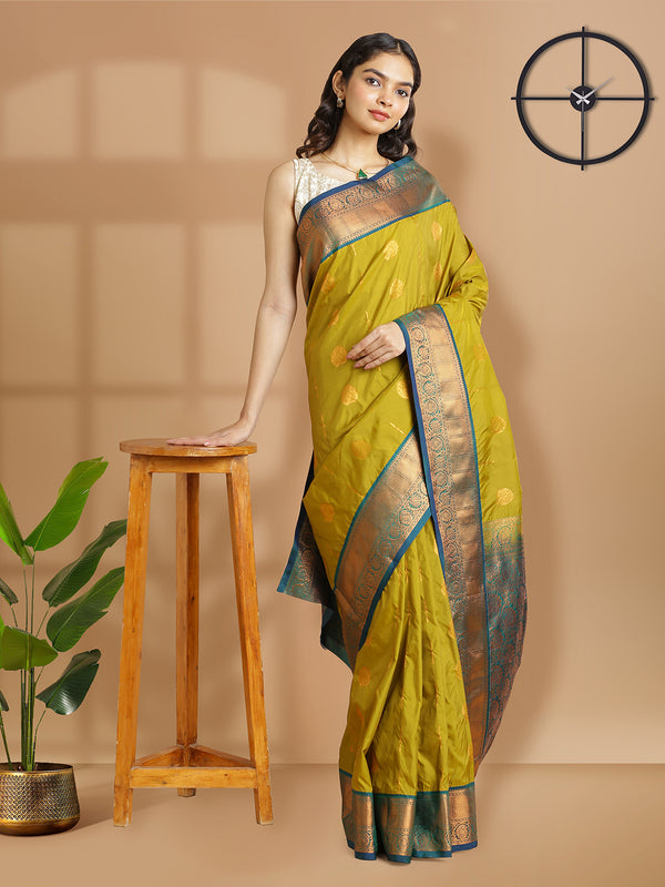 Yellow And Green Double Shaded Art Silk Saree With Copper Buttas Over Body